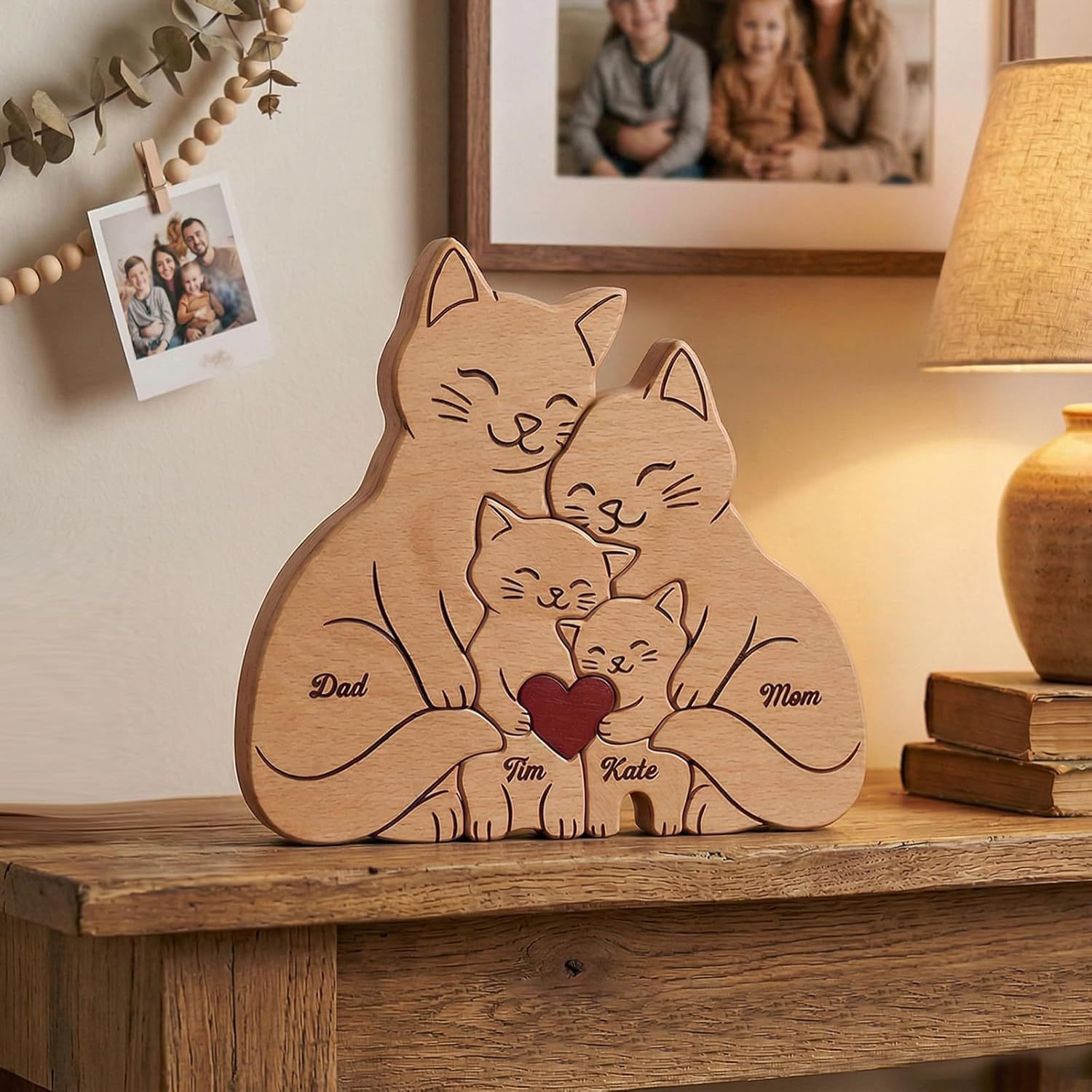 Personalized Gift wooden jigsaw puzzle, cute cat family name puzzle, home decoration, keepsake - Birthday gift for family members - Baby's growth memento.