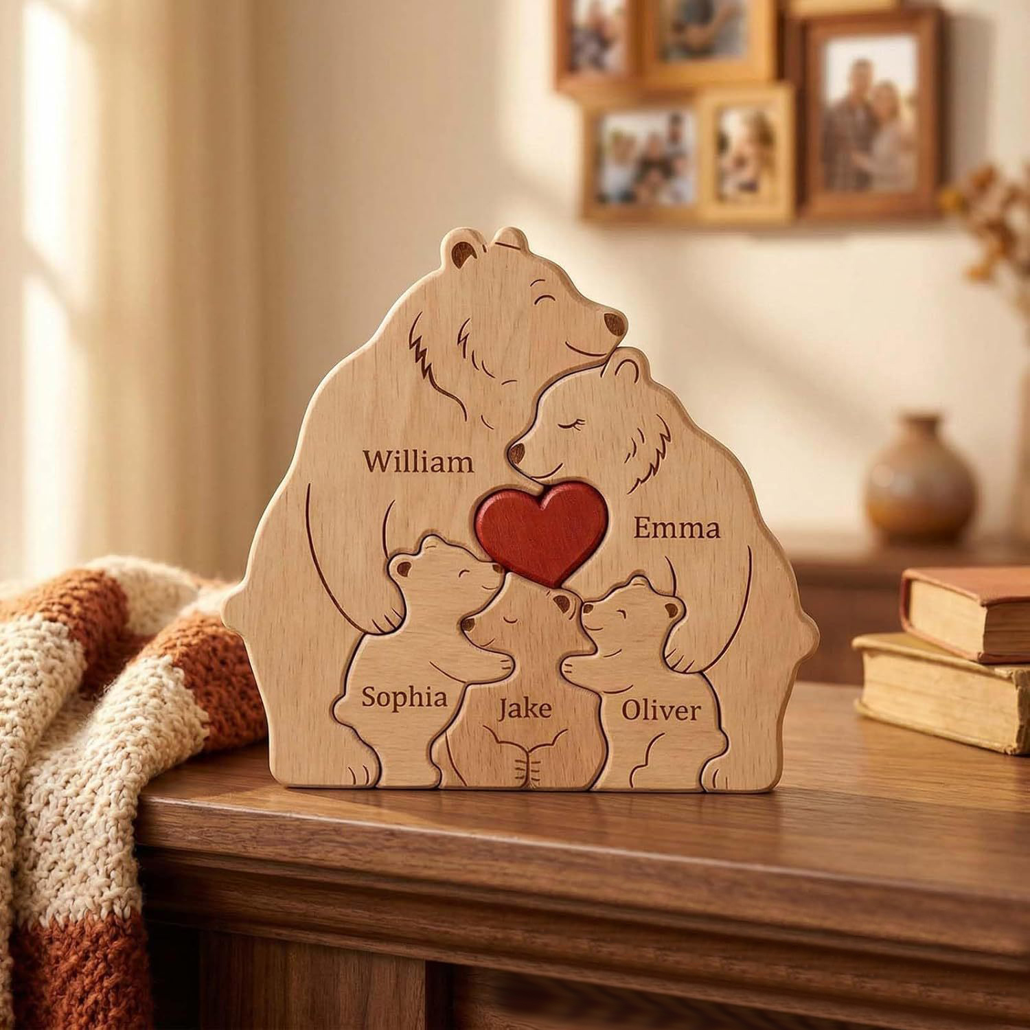 Personalized Gift wooden teddy bear puzzle set, a heartwarming family portrait of a mother and baby bear, perfect for Mother's Day or home decor - Birthday gift for family members.