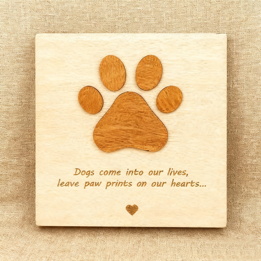 Paw Prints on Our Hearts – Engraved Wooden Board for Dog Lovers