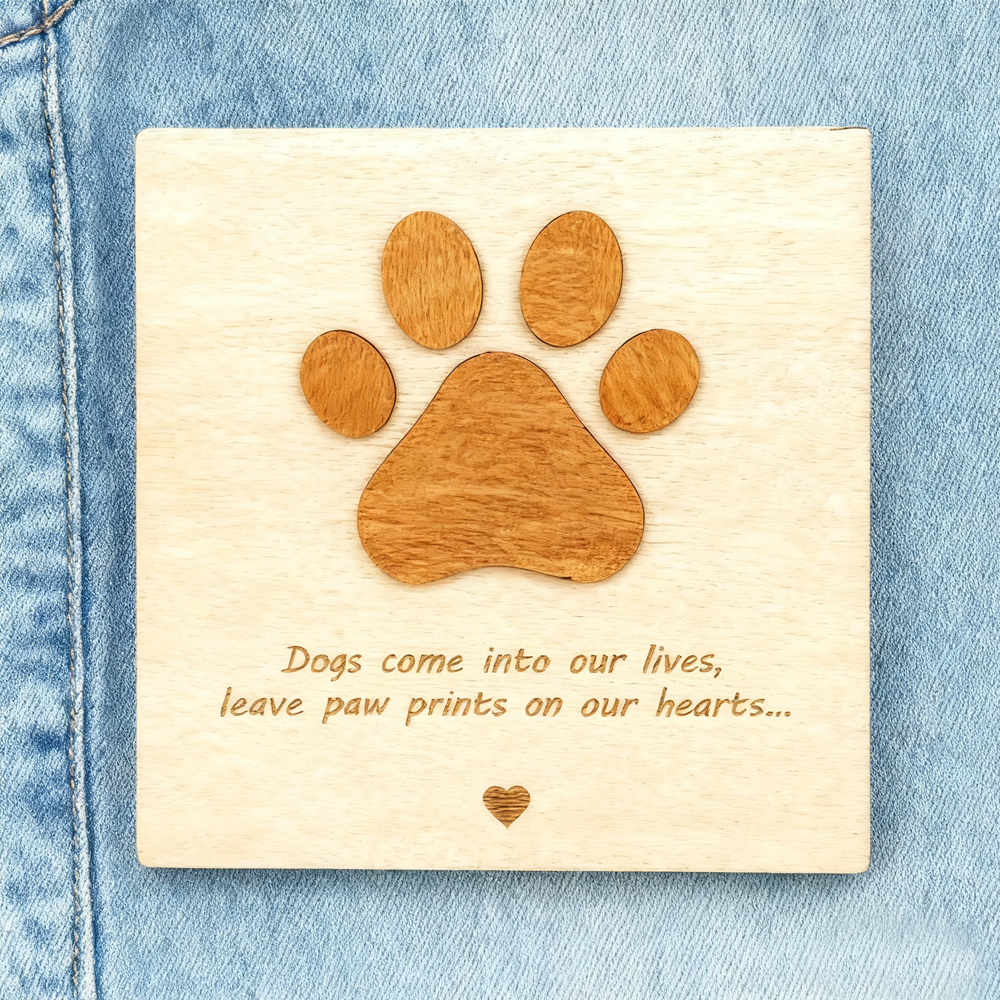 Paw Prints on Our Hearts – Engraved Wooden Board for Dog Lovers