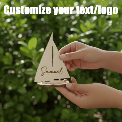 Personalized wooden sailboat-shaped menu - ocean-themed table decoration, anniversaries, holiday parties, and home decor.