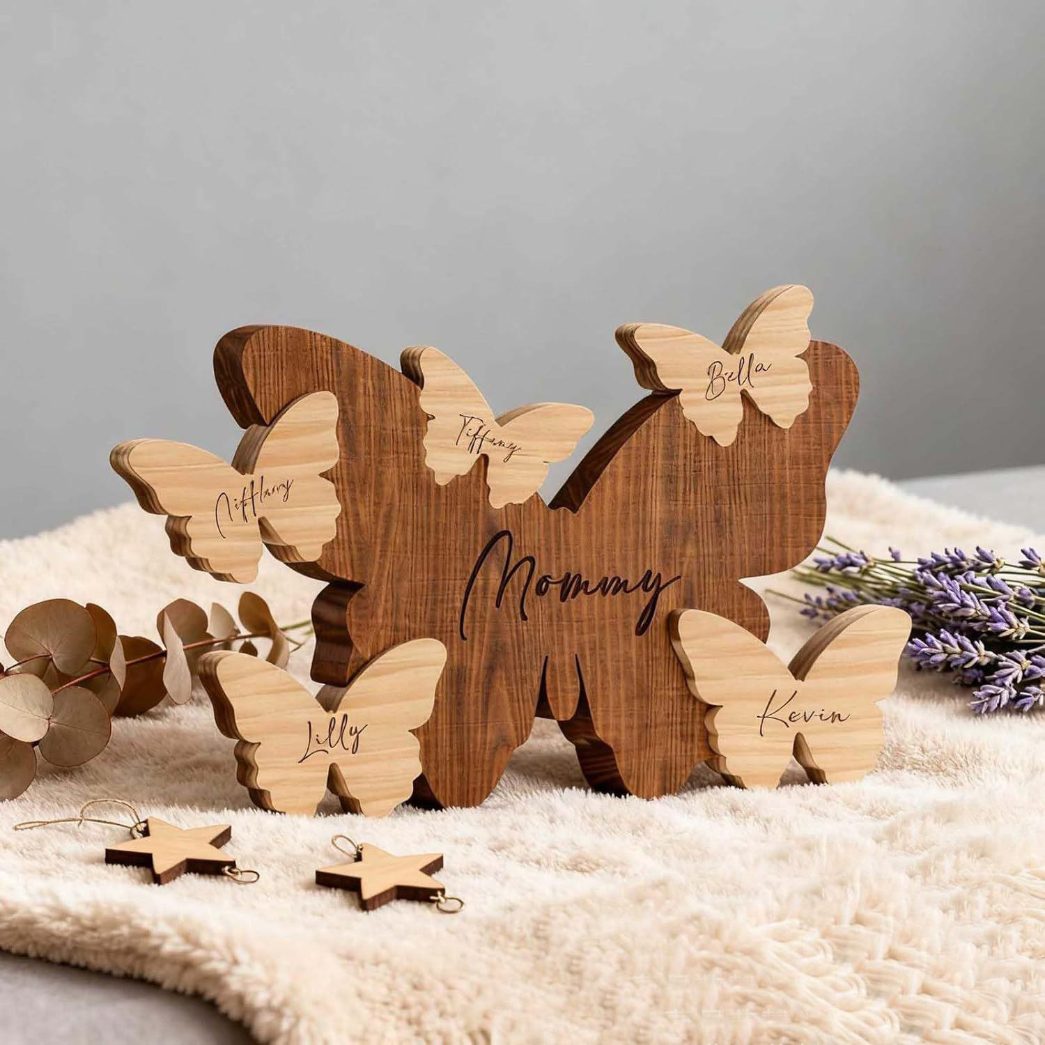Cute wooden animal puzzle, butterfly family name design, custom wooden crafts, Mother's Day birthday gift, holiday gift.-TailorAura