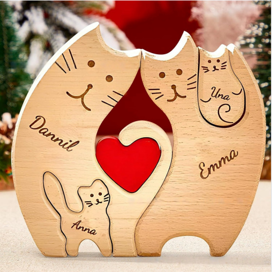 Wooden cat family puzzle set, animal carving, home decoration, wooden craft, family keepsake - Birthday gift for family members.