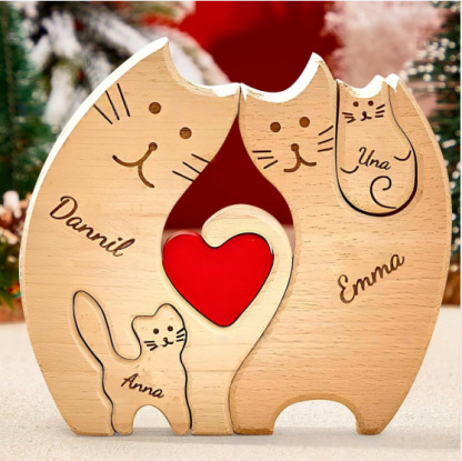 Wooden cat family puzzle set, animal carving, home decoration, wooden craft, family keepsake - Birthday gift for family members.-TailorAura