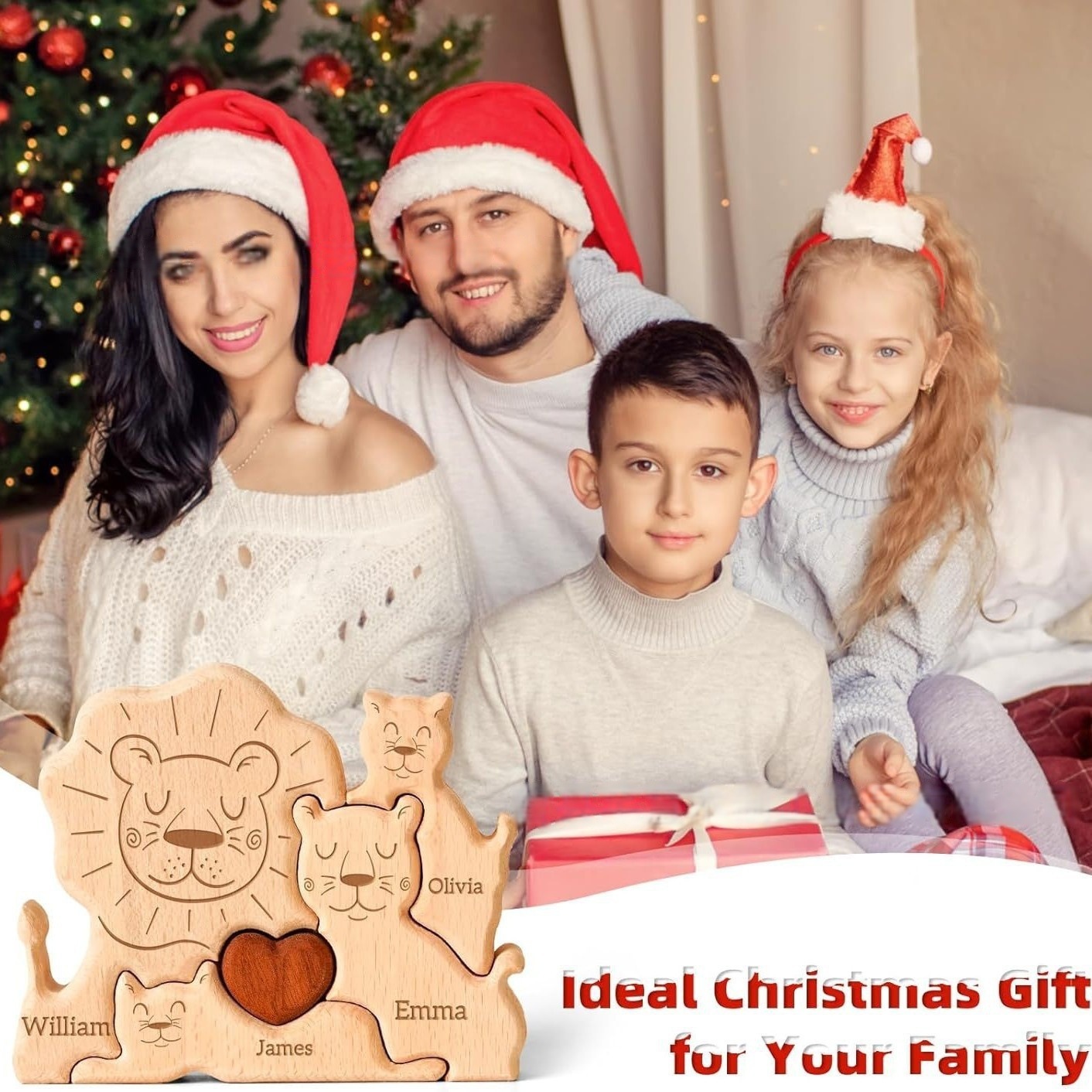 Personalized wooden lion family puzzle set, animal carving home decoration,wooden craft, family keepsake - Birthday gift for family members.