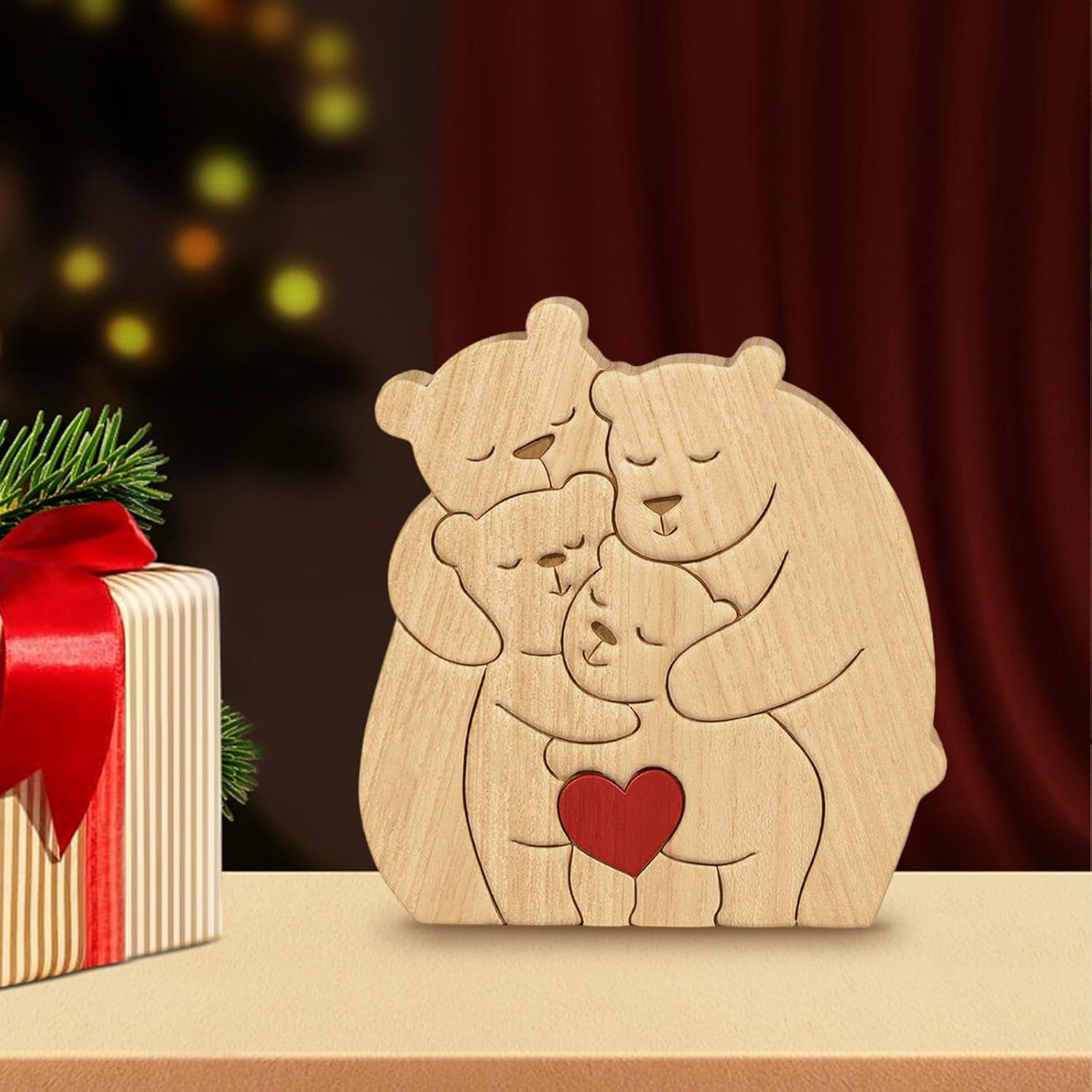 Personalized wooden hugging bear family puzzle set, animal carving home decoration, craft, family keepsake - Birthday gift for family members.-TailorAura