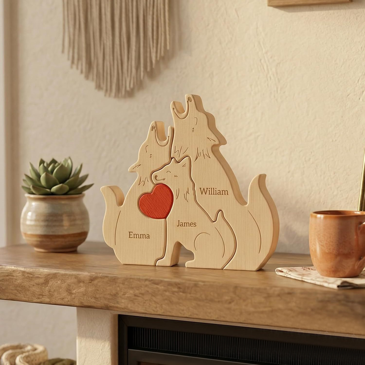 Personalized gifts wooden animal puzzle, cute wolf family, creative wooden desktop ornament, carved decoration, family keepsake - Birthday gift for family members.-TailorAura