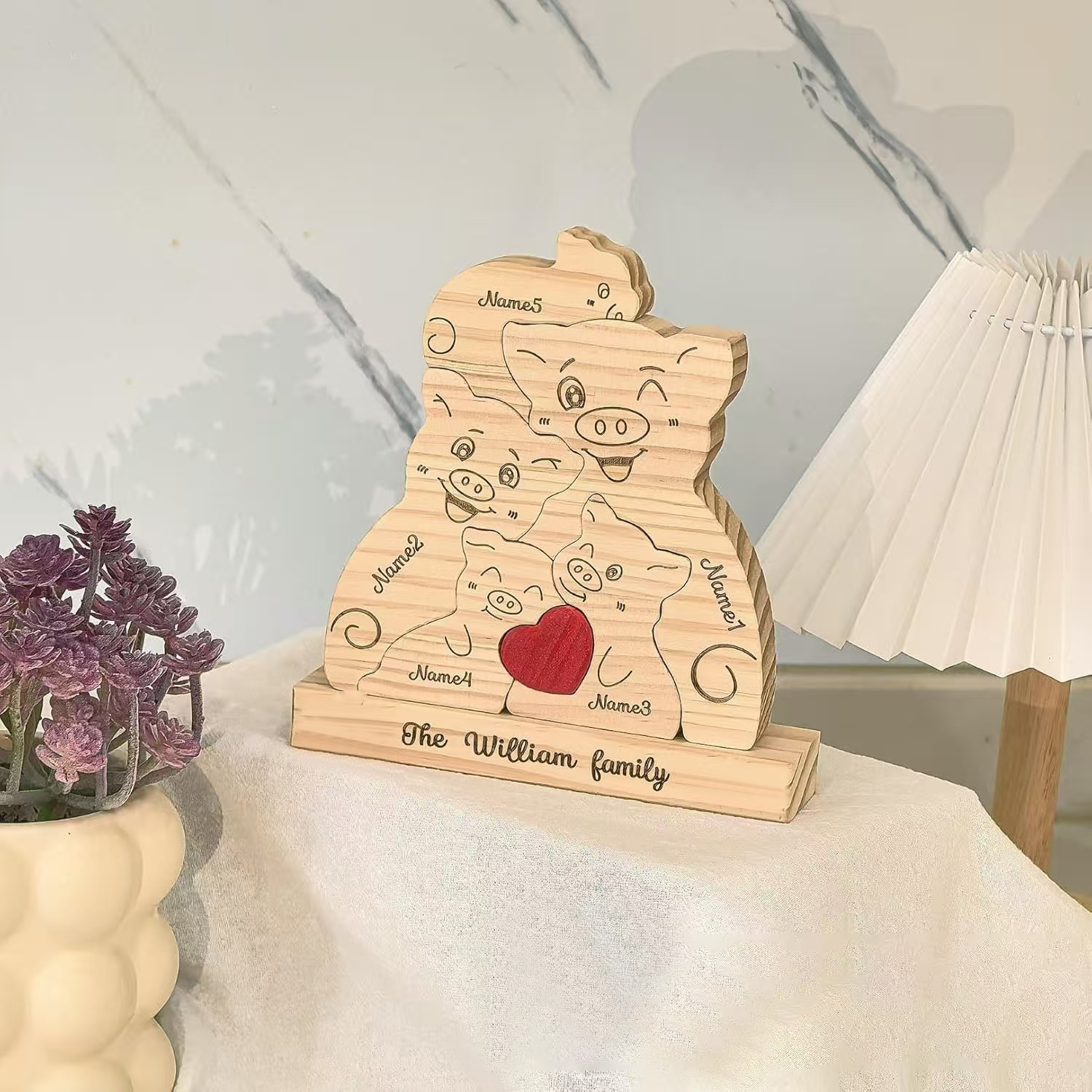 Personalized customization wooden family pig puzzle figurine, family name and surname puzzle carving decoration, family keepsake - Birthday gift for family members.-TailorAura