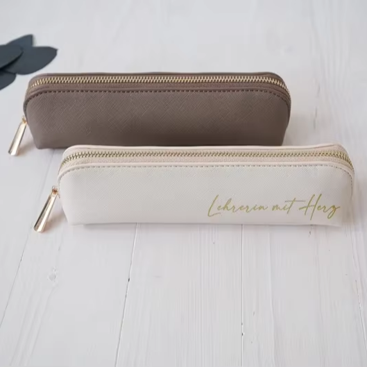 Personalized custom zippered leather pencil case with engraved logo, faux leather pencil bag, a great gift for elementary school students and teachers on Teacher's Day.