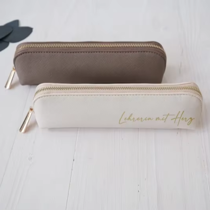 Personalized custom zippered leather pencil case with engraved logo, faux leather pencil bag, a great gift for elementary school students and teachers on Teacher's Day.