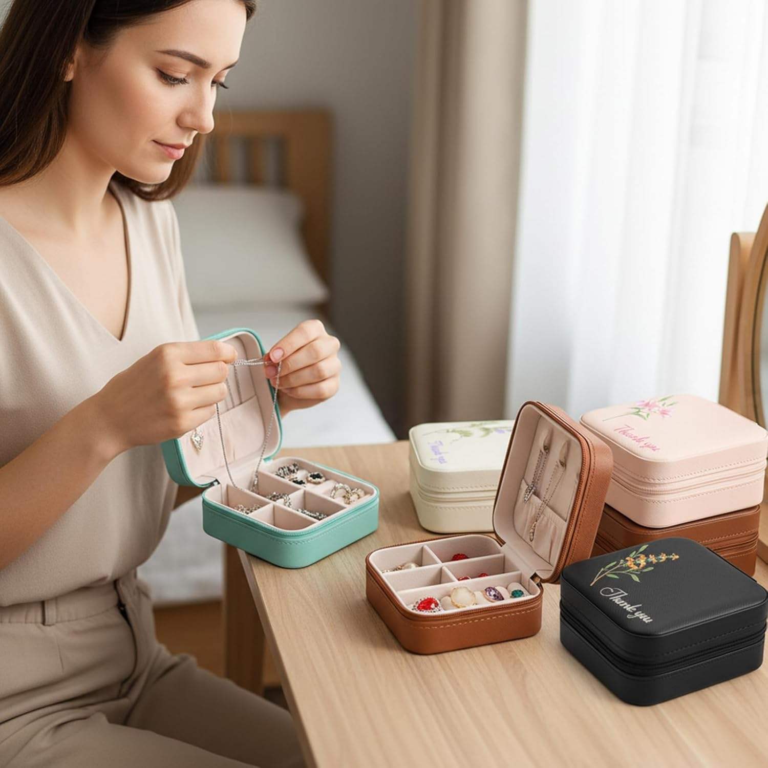 Personalized square jewelry travel box with custom engravings – the perfect Gift for ladies – Portable Ring organizer