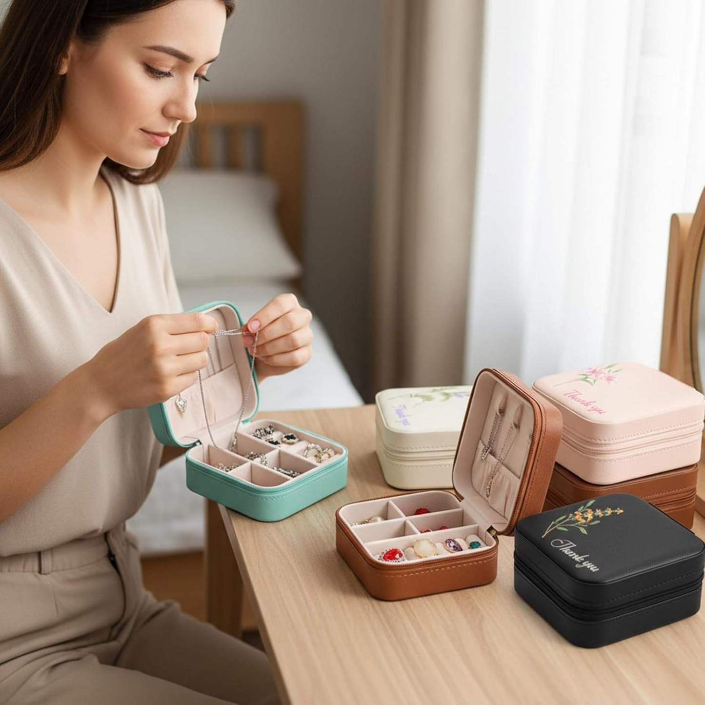 Personalized square jewelry travel box with custom engravings – the perfect Gift for ladies – Portable Ring organizer