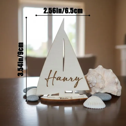 Personalized wooden sailboat-shaped menu - ocean-themed table decoration, anniversaries, holiday parties, and home decor.