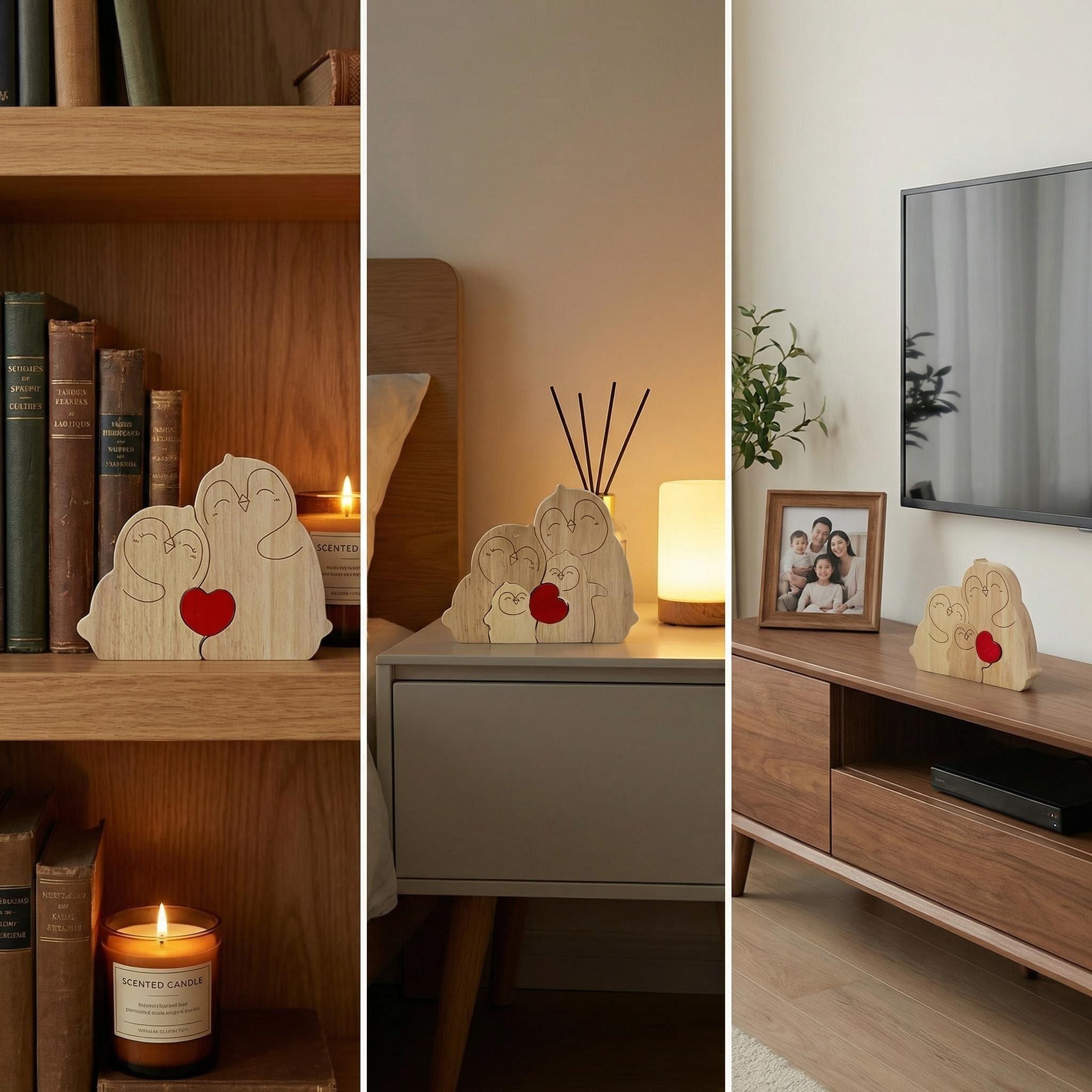 Heart-shaped puzzle figurine, made of natural wood, featuring a red penguin heart design. A perfect gift for couples, home decor, or family keepsakes - Birthday present for a family member.-TailorAura