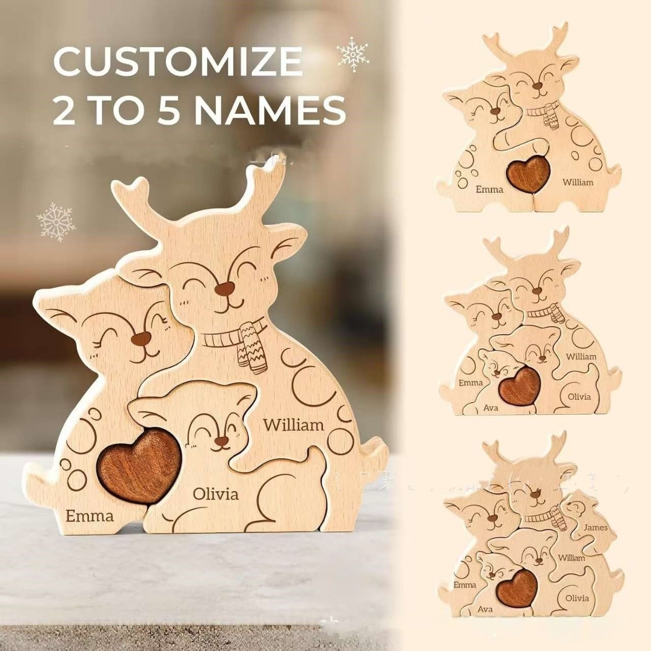 Wooden reindeer, a warm family portrait, personalized wooden puzzle, wooden home decoration, party gift, family keepsake - Birthday gift for Family member.