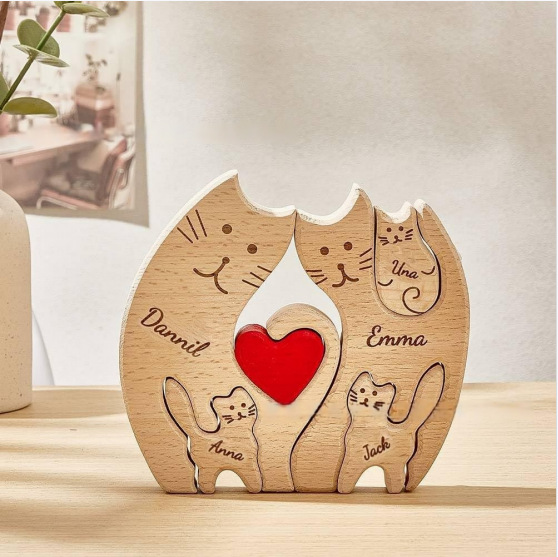 Wooden cat family puzzle set, animal carving, home decoration, wooden craft, family keepsake - Birthday gift for family members.-TailorAura