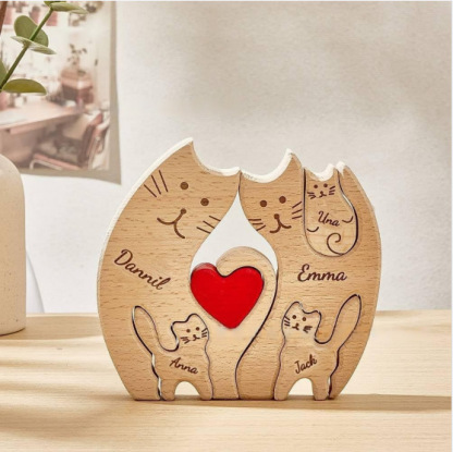 Wooden cat family puzzle set, animal carving, home decoration, wooden craft, family keepsake - Birthday gift for family members.-TailorAura