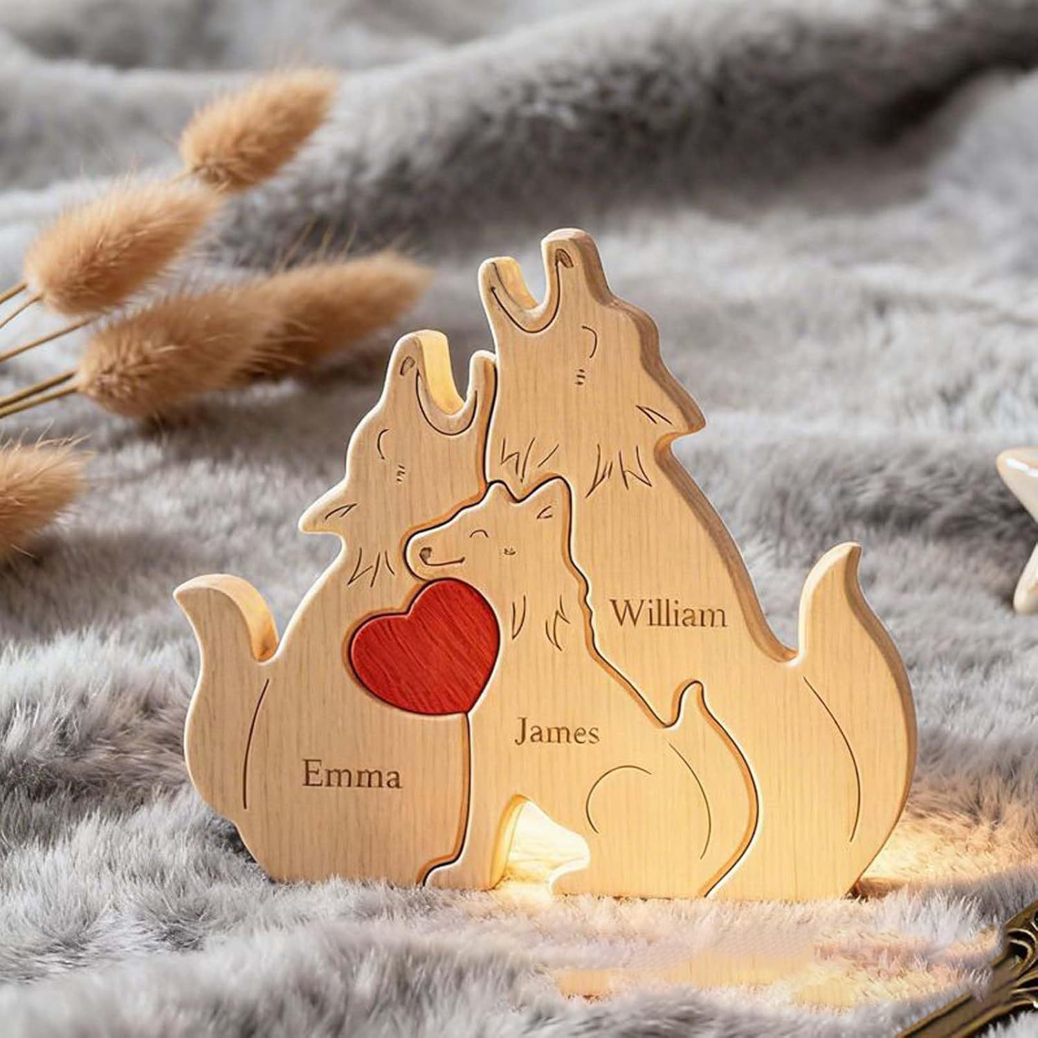 Personalized gifts wooden animal puzzle, cute wolf family, creative wooden desktop ornament, carved decoration, family keepsake - Birthday gift for family members.-TailorAura