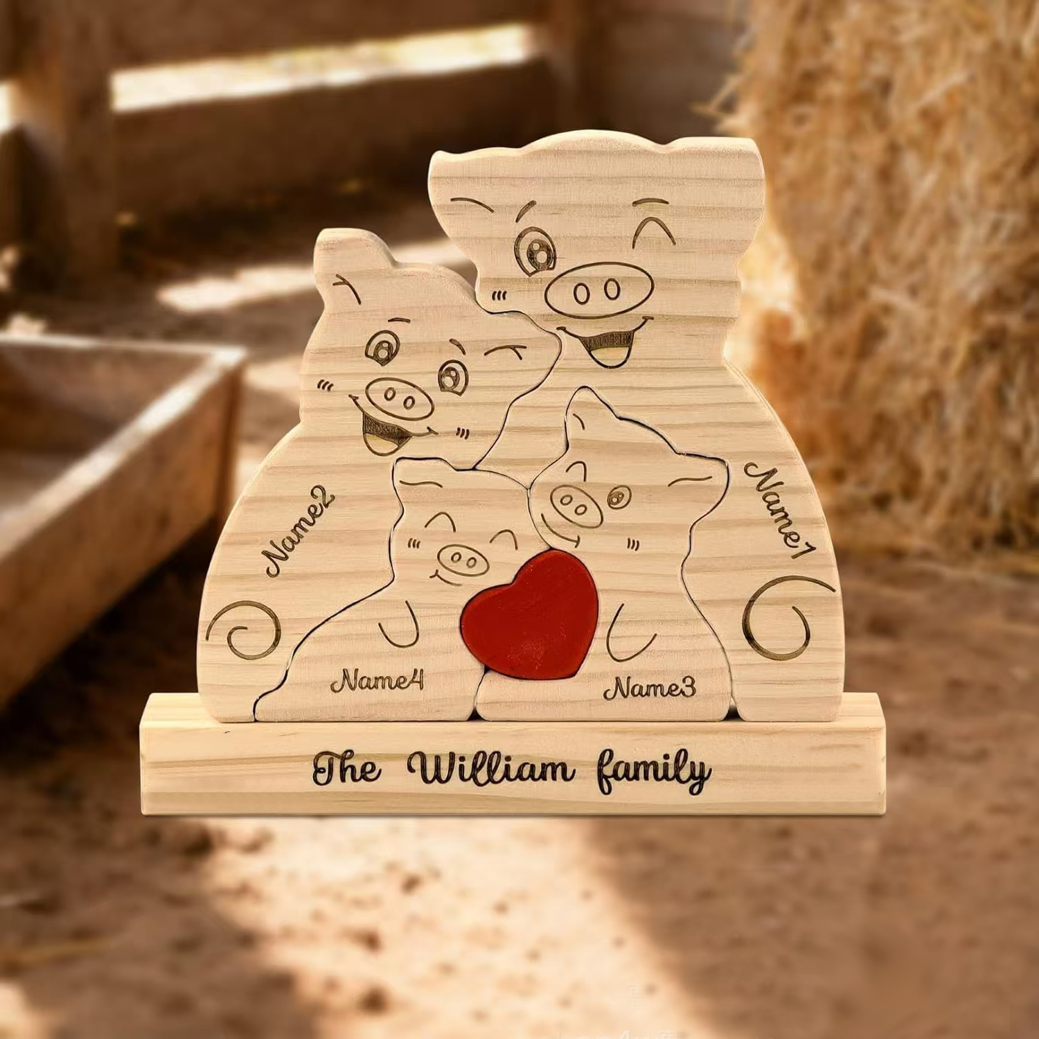 Personalized customization wooden family pig puzzle figurine, family name and surname puzzle carving decoration, family keepsake - Birthday gift for family members.-TailorAura