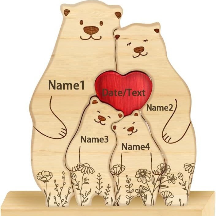 Personalized Gift wooden family bear puzzle figurine, family name and surname puzzle carving decoration, family keepsake - Birthday gift for family members.