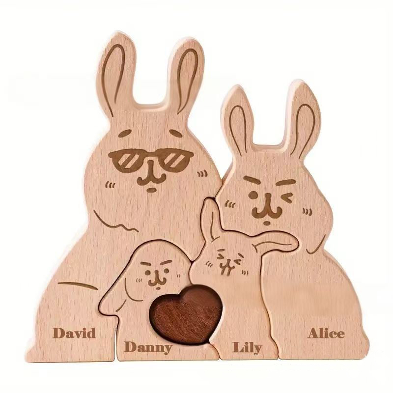 Personalized Gift wooden eyeglasses bunny cuddly puzzle figurine, family name/surname puzzle carving decoration, family keepsake - Birthday gift for family members.