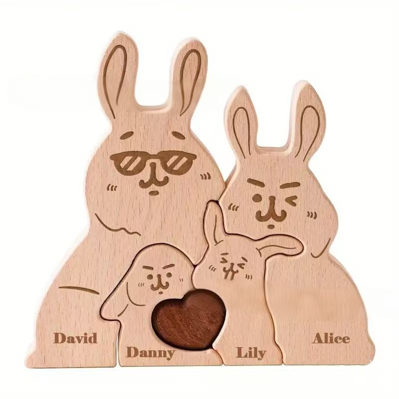 Personalized Gift wooden eyeglasses bunny cuddly puzzle figurine, family name/surname puzzle carving decoration, family keepsake - Birthday gift for family members.