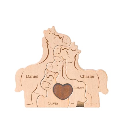 Personalized Gift Wooden "Little Horse Family" Puzzle Set — Engraved Home Décor & Family Keepsake — Birthday Gift for Family Members