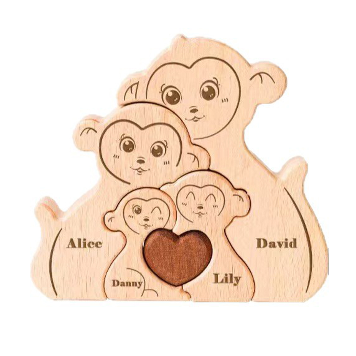 Personalized Gift Wooden Monkey Family Puzzle Set — Carved Home Decor Ornament & Family Keepsake — Birthday Gift for Family Members