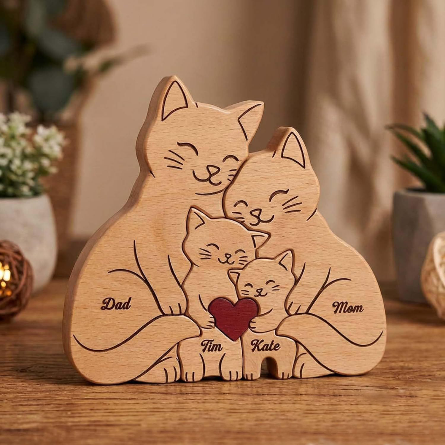 Personalized Gift wooden jigsaw puzzle, cute cat family name puzzle, home decoration, keepsake - Birthday gift for family members - Baby's growth memento.