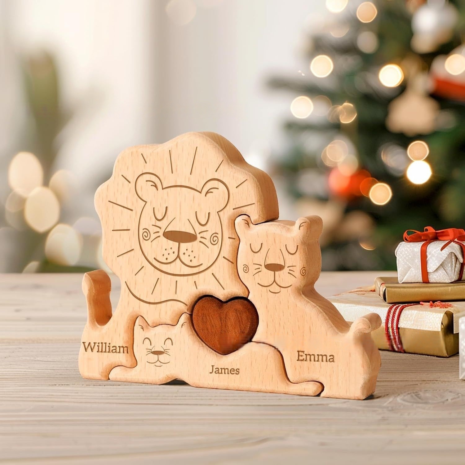 Personalized wooden lion family puzzle set, animal carving home decoration,wooden craft, family keepsake - Birthday gift for family members.