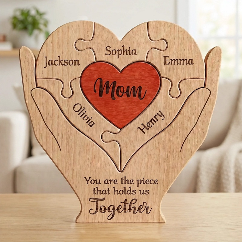 Personalized gift wooden heart-shaped jigsaw puzzle set, craft home decoration, family keepsake - Birthday gift for family members - Mother's Day gift
