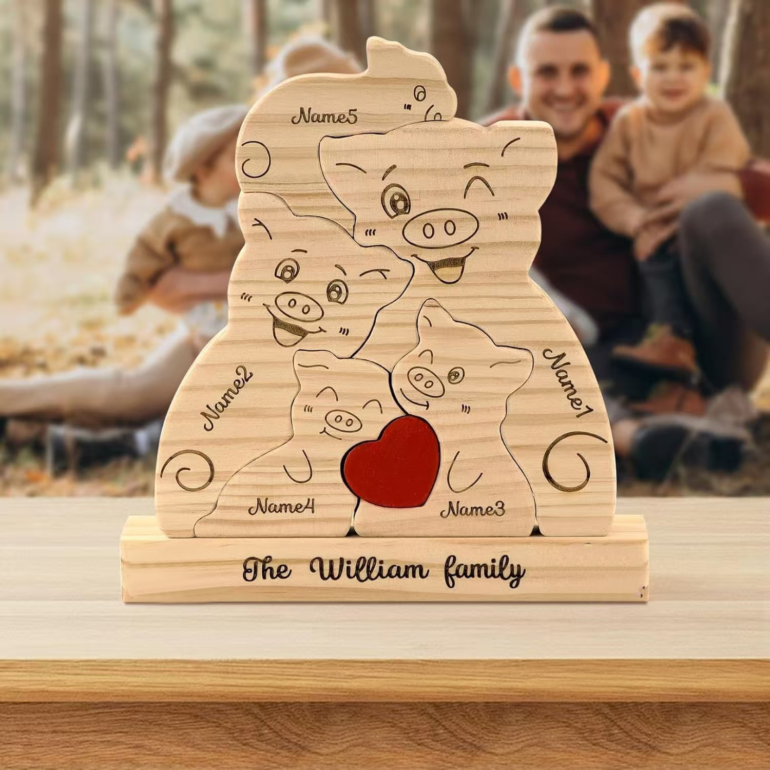 Personalized customization wooden family pig puzzle figurine, family name and surname puzzle carving decoration, family keepsake - Birthday gift for family members.-TailorAura