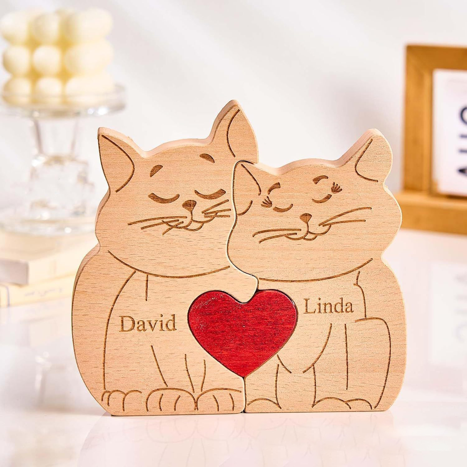 Personalized Gift wooden smiling cat puzzle figurine, family name/surname puzzle carving decoration, family keepsake - Birthday gift for family members - Valentine's Day gift-TailorAura