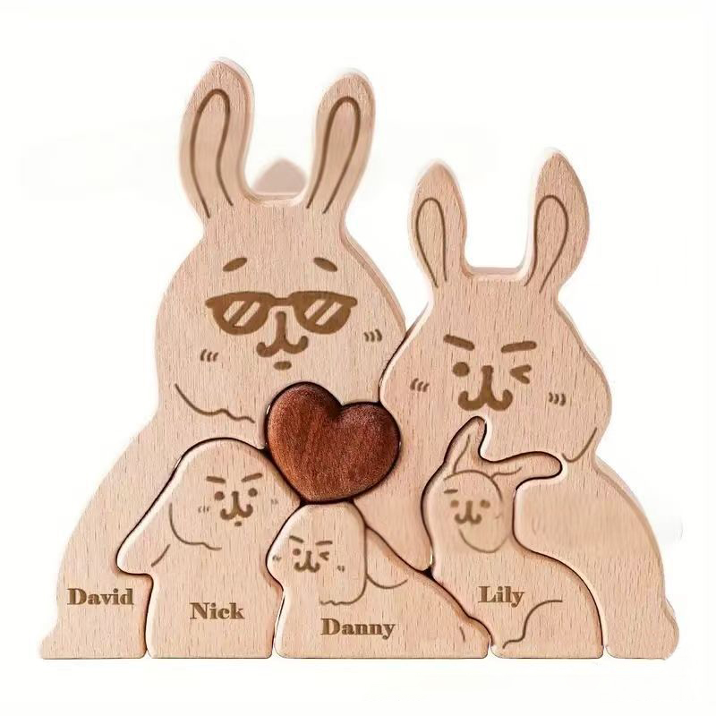 Personalized Gift wooden eyeglasses bunny cuddly puzzle figurine, family name/surname puzzle carving decoration, family keepsake - Birthday gift for family members.