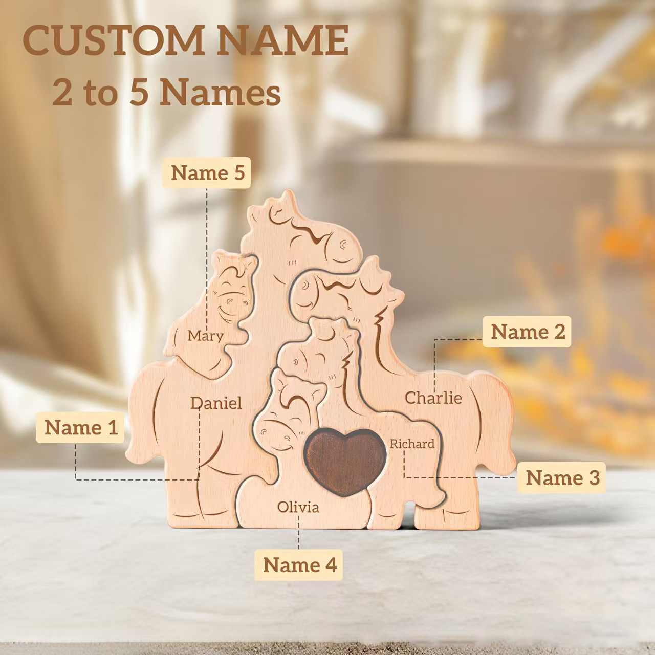 Personalized Gift Wooden "Little Horse Family" Puzzle Set — Engraved Home Décor & Family Keepsake — Birthday Gift for Family Members