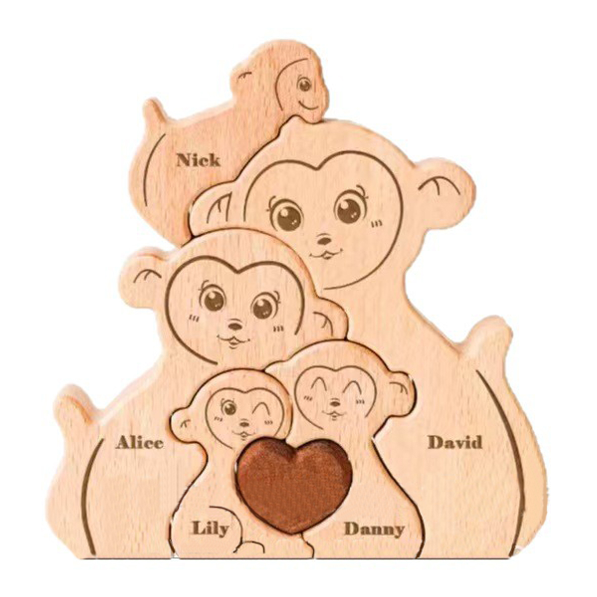 Personalized Gift Wooden Monkey Family Puzzle Set — Carved Home Decor Ornament & Family Keepsake — Birthday Gift for Family Members