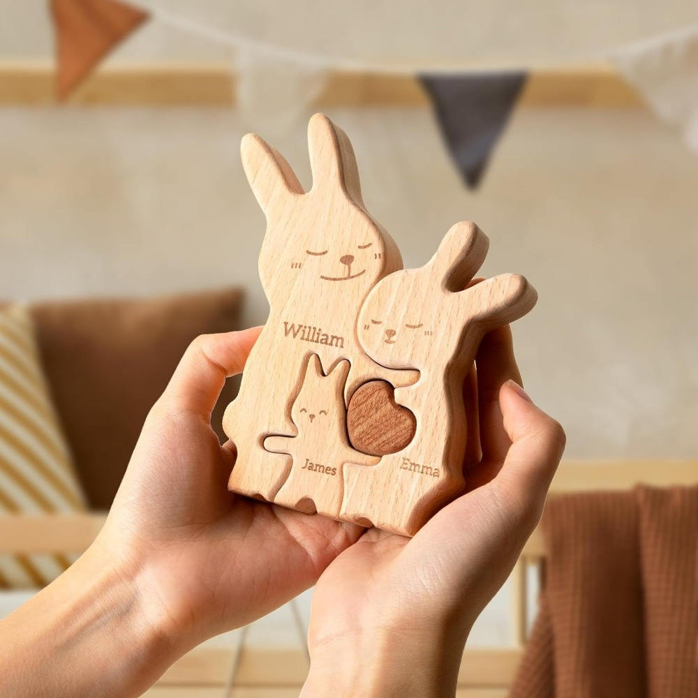Wooden personalized rabbit family puzzle, anniversary gift, wooden animal rabbit puzzle, family keepsake - Gift for family members.-TailorAura