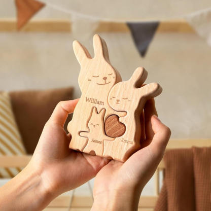 Wooden personalized rabbit family puzzle, anniversary gift, wooden animal rabbit puzzle, family keepsake - Gift for family members.-TailorAura