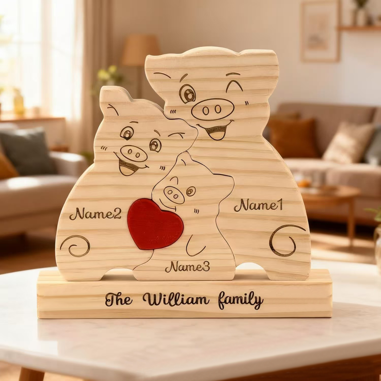 Personalized customization wooden family pig puzzle figurine, family name and surname puzzle carving decoration, family keepsake - Birthday gift for family members.-TailorAura