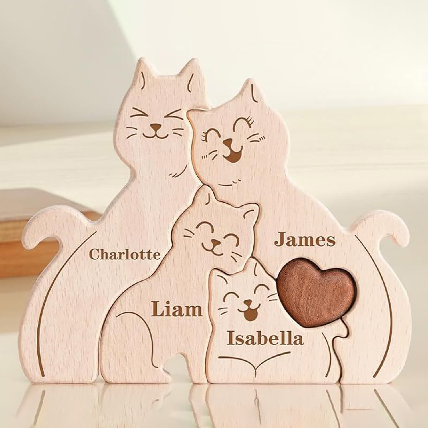 Personalized Gift wooden animal puzzle, cute cat family name puzzle, home decoration, keepsake - Birthday gift for family members.