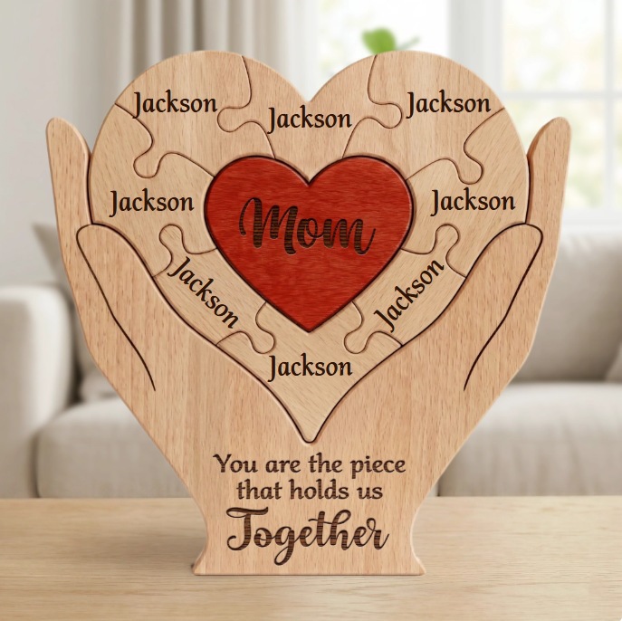 Personalized gift wooden heart-shaped jigsaw puzzle set, craft home decoration, family keepsake - Birthday gift for family members - Mother's Day gift