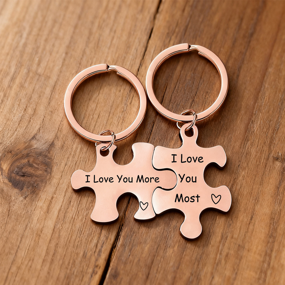 Custom Puzzle Piece Keychain Set – Metal Couple Keychains, Anniversary Gift for Him & Her