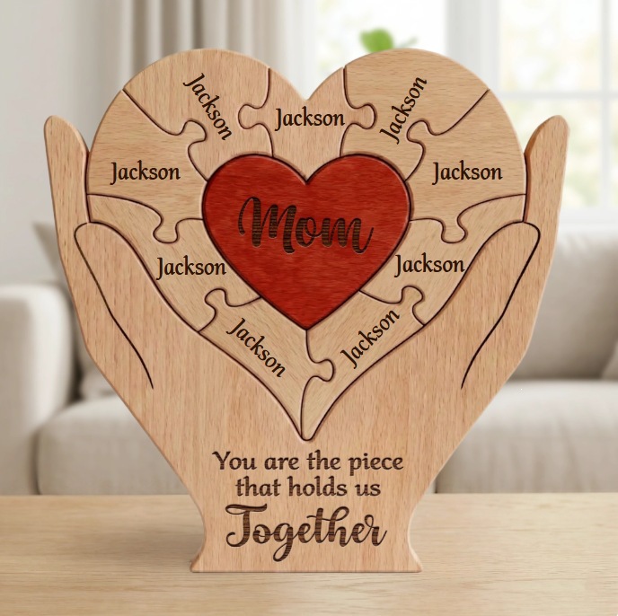 Personalized gift wooden heart-shaped jigsaw puzzle set, craft home decoration, family keepsake - Birthday gift for family members - Mother's Day gift