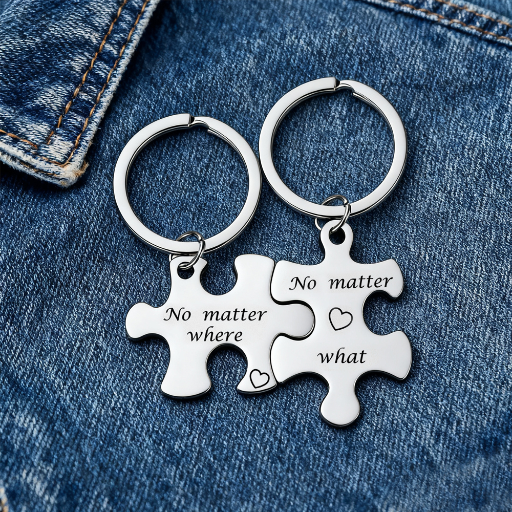 Custom Puzzle Piece Keychain Set – Metal Couple Keychains, Anniversary Gift for Him & Her