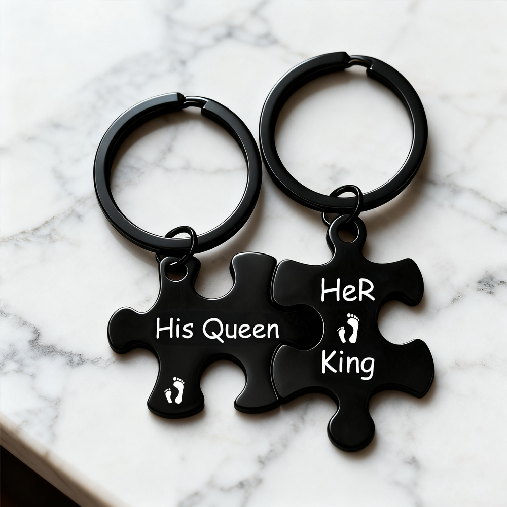 Custom Puzzle Piece Keychain Set – Metal Couple Keychains, Anniversary Gift for Him & Her