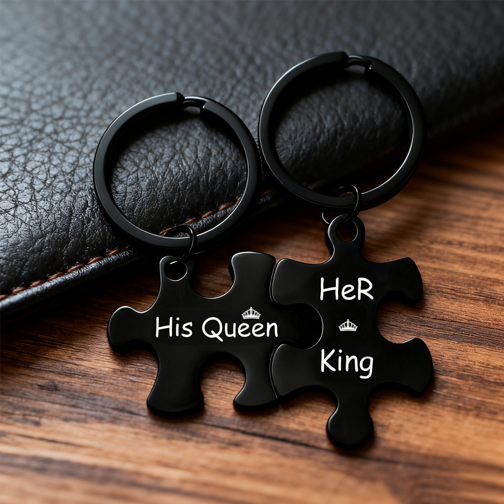 Custom Puzzle Piece Keychain Set – Metal Couple Keychains, Anniversary Gift for Him & Her