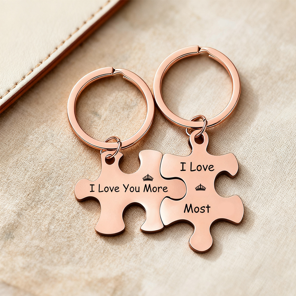 Custom Puzzle Piece Keychain Set – Metal Couple Keychains, Anniversary Gift for Him & Her