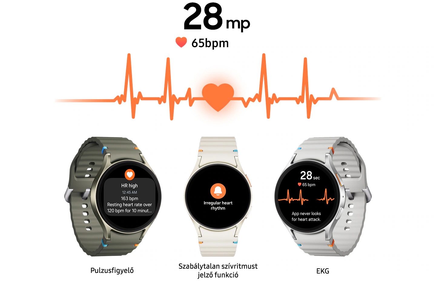 H&aacute;rom Galaxy Watch7 okos&oacute;ra l&aacute;that&oacute; &eacute;s mindegyik k&uuml;l&ouml;nb&ouml;ző sz&iacute;vfigyelő funkci&oacute;kat mutat be: egy a pulzusfigyelőt, egy a szab&aacute;lytalan sz&iacute;vritmust jelző funkci&oacute;t &eacute;s egy az EKG-t. A k&eacute;sz&uuml;l&eacute;kek f&ouml;l&ouml;tt egy &bdquo;28 mp&rdquo; &eacute;s egy &bdquo;65 bpm&rdquo; sz&ouml;veg tal&aacute;lhat&oacute;, mozg&oacute; pulzus-vonalgrafikonnal.