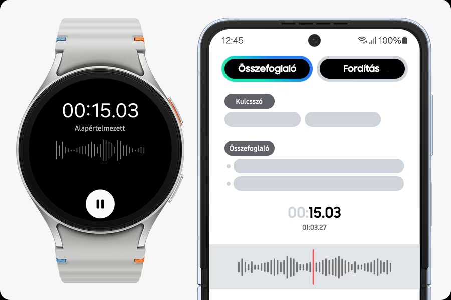 A Galaxy Watch7 hangjegyzetet r&ouml;gz&iacute;t, mik&ouml;zben a p&aacute;ros&iacute;tott Samsung Galaxy okostelefon az &Aacute;t&iacute;r&oacute;seg&eacute;d funkci&oacute;t jelen&iacute;ti meg. Fel&uuml;l az &Ouml;sszegz&eacute;s &eacute;s a Ford&iacute;t&aacute;s gombjai l&aacute;that&oacute;k az &ouml;sszefoglalt sz&ouml;veg k&iacute;s&eacute;ret&eacute;ben.
