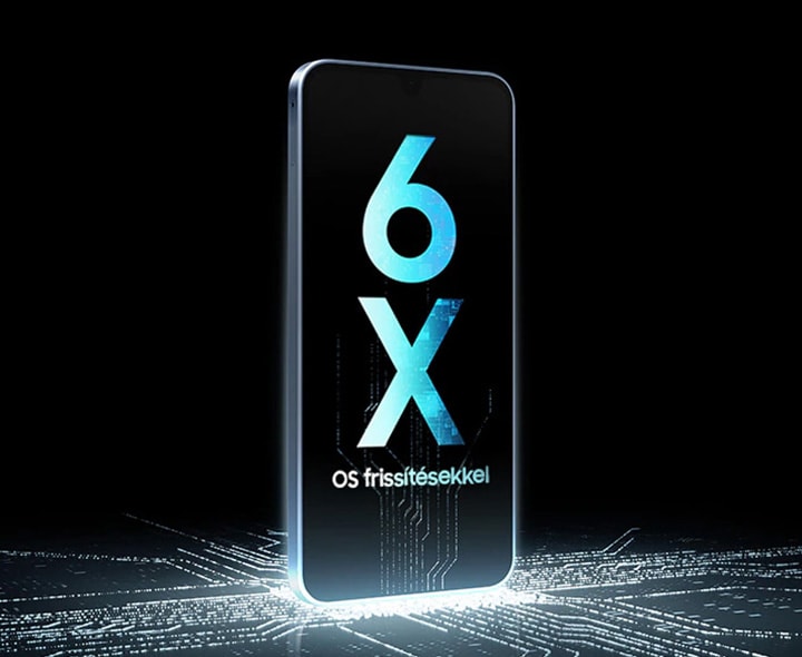 Egy Galaxy A16 5G k&eacute;sz&uuml;l&eacute;k &aacute;ll egy foszforeszk&aacute;l&oacute; chip &aacute;ramk&ouml;r tetej&eacute;n, amely eg&eacute;szen a k&eacute;pernyőig ny&uacute;lik, ami a &bdquo;6X OS friss&iacute;t&eacute;seket&rdquo; mutatja.